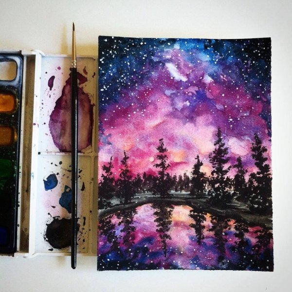 Рисование космоса акварелью