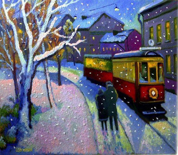 Ночной зимний пейзаж гуашью