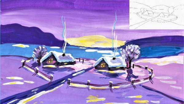 Зимний пейзаж акварельными карандашами