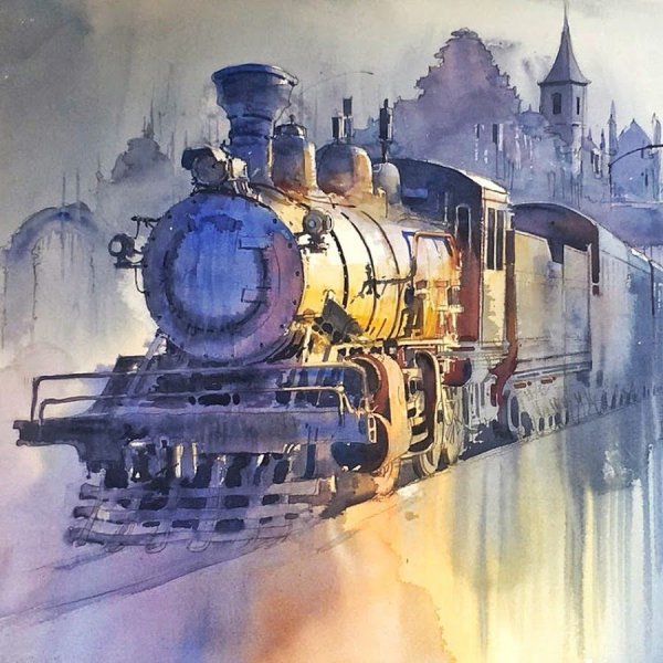 Паровоз акварель