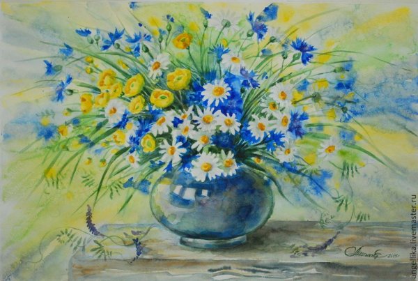 Акварель васильки в вазе