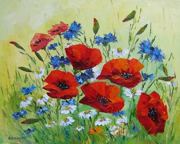 Полевые цветы с маками в живописи