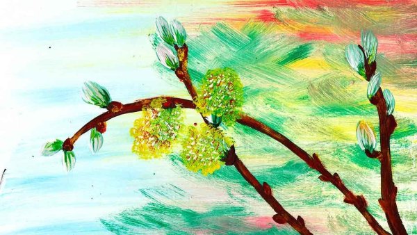 Весенний пейзаж с вербой рисунок