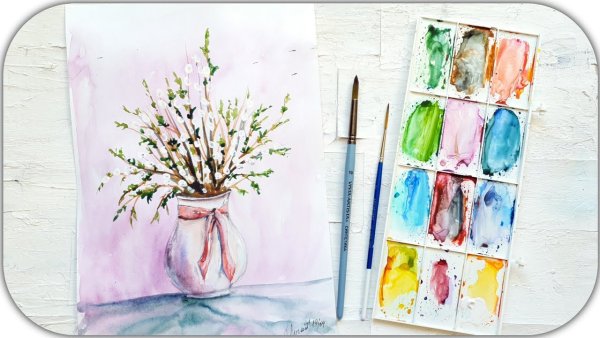 Рисуем вербу акварелью