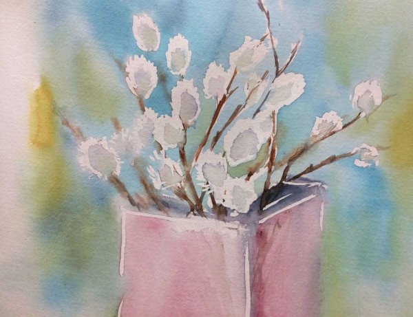 Весенний пейзаж с вербой гуашью