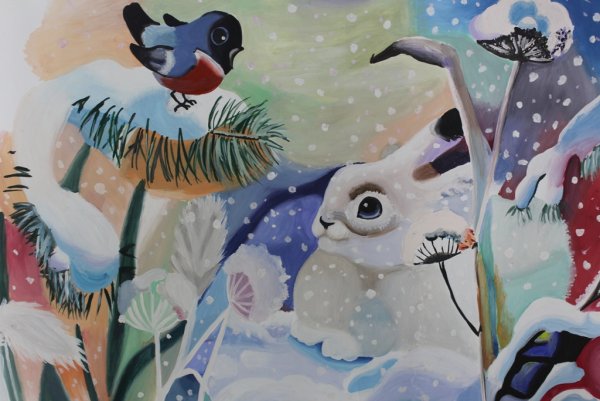 Заяц красками зимой