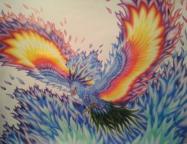 Птица Феникс рисунок красками