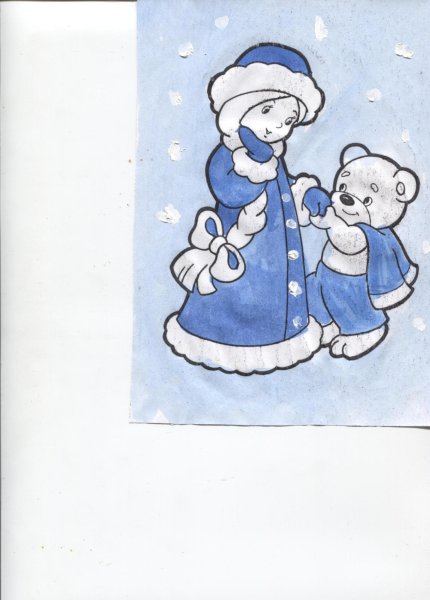 Снегурочка на окне гуашью