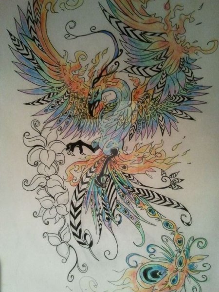 Птица Феникс и цветы акварель