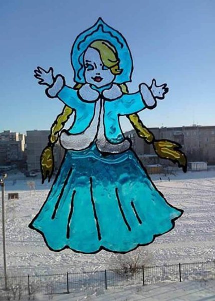 Снегурочка на окне гуашью