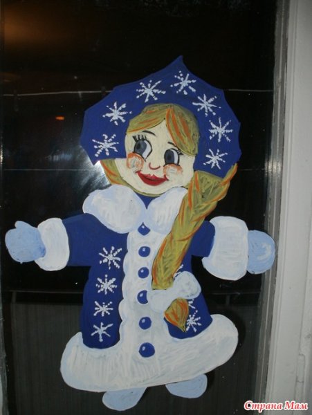 Снегурочка на стекле гуашью