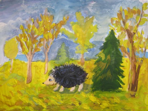 Рисование Ежик в осеннем лесу
