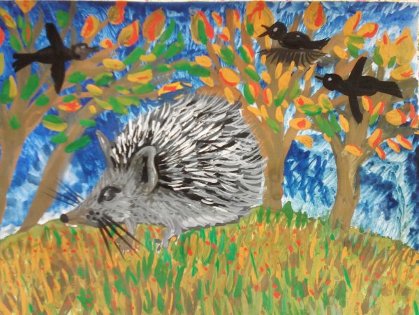 Рисование Ежик в осеннем лесу