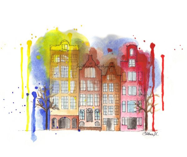 Многоэтажный дом акварелью