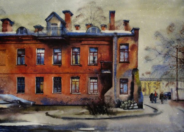 Кирпичный дом акварелью