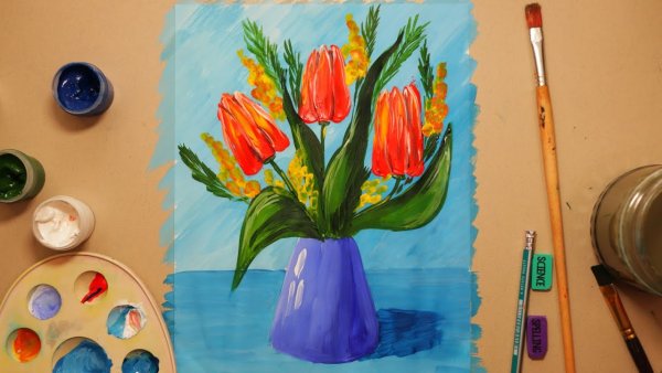 Цветы в вазе гуашью легко