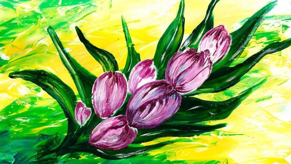 Рисуем тюльпаны на скамейке