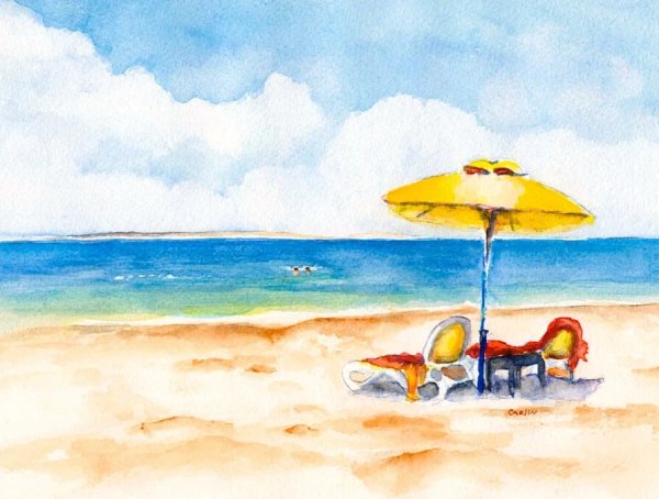 Лето море пляж акварель
