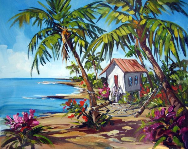 Тропический пейзаж гуашью