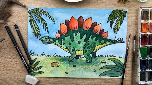 Рисование динозавр с детьми акварель