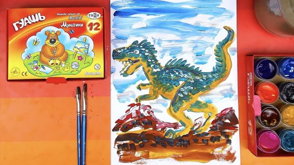 Динозавр красками для детей