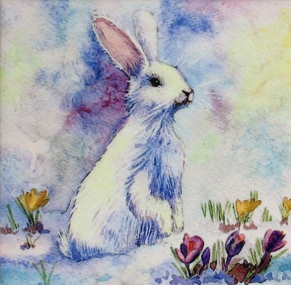 Зайчик в лесу акварелью