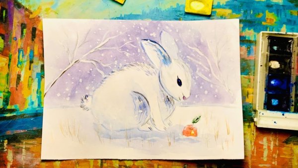 Заяц зимой рисунок красками