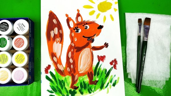 Рисование белка папа рисует красками РЫБАКИТ