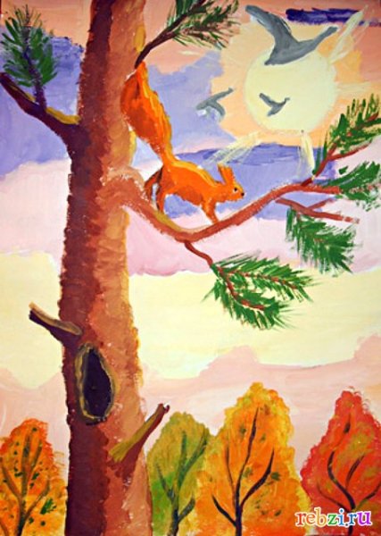Белка на дереве рисование красками