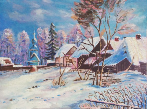 Зимний деревенский пейзаж гуашь