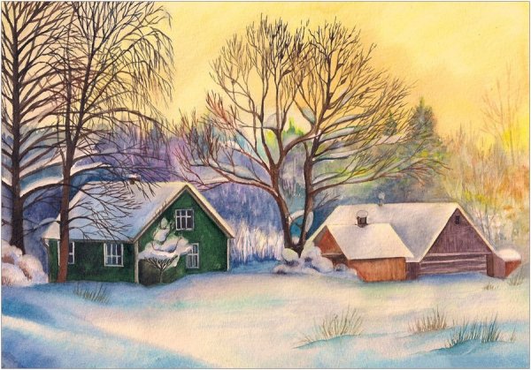 Зимняя деревня гуашью