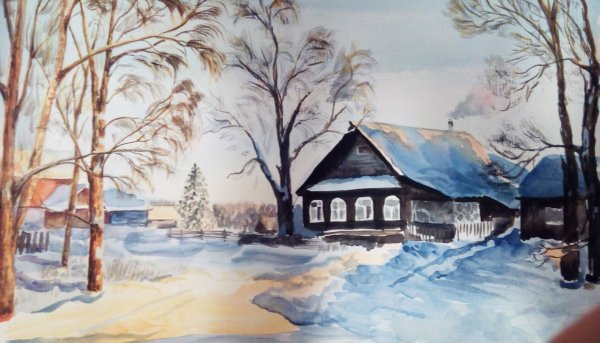 Зимний деревенский пейзаж гуашь