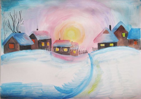 Зимний деревенский пейзаж гуашь