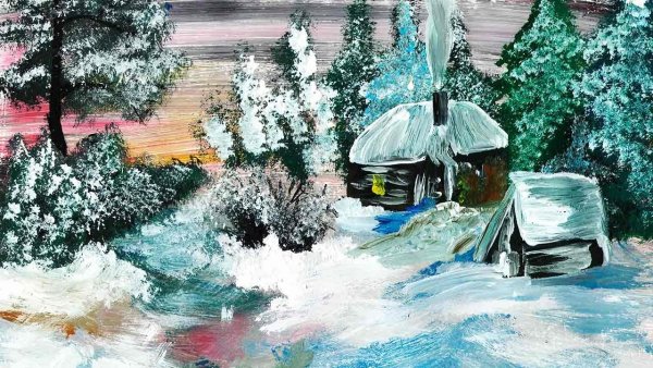 Зимний деревенский пейзаж гуашью для детей