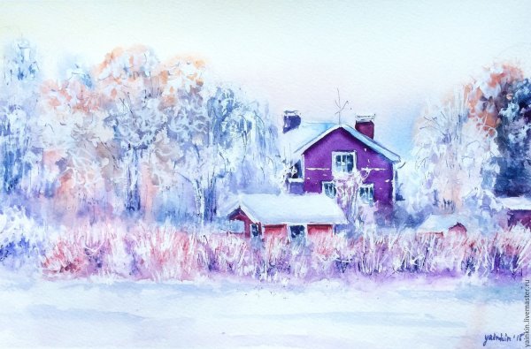 Зимний домик гуашью