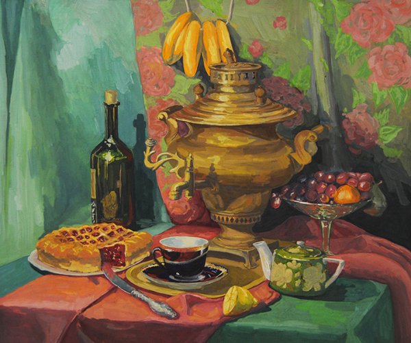 Натюрморт с самоваром гуашью
