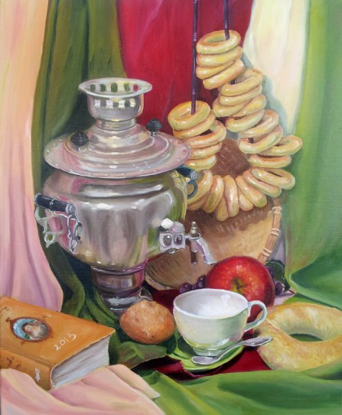Натюрморт с самоваром и баранками живопись