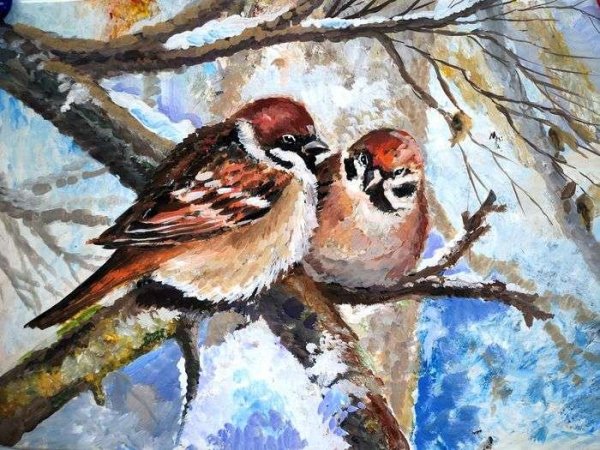 Воробей гуашью