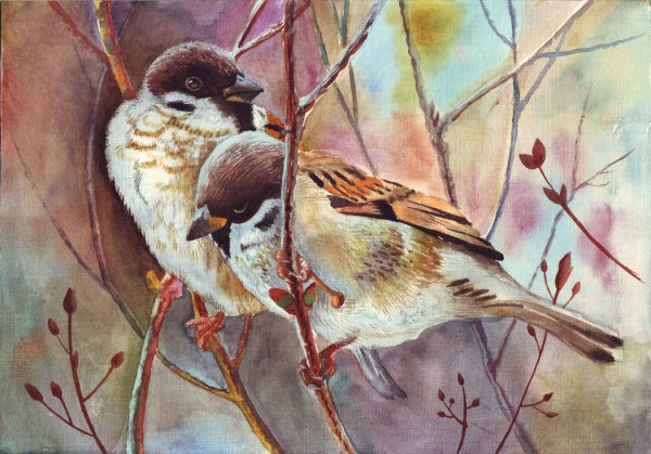 Воробьи живопись
