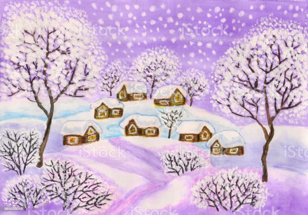 Зимний пейзаж гуашью в сиреневых тонах