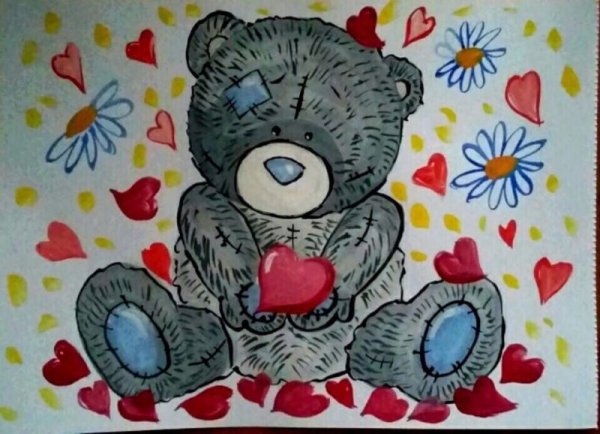 Нарисовать мишку с сердечком гуашью
