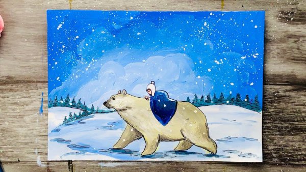 Мишка зимний красками