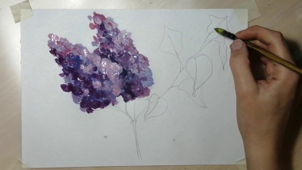 Сирень акварелью пошагово
