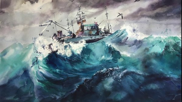 Бушующее море акварелью