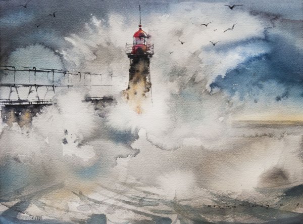 Маяк шторм акварель