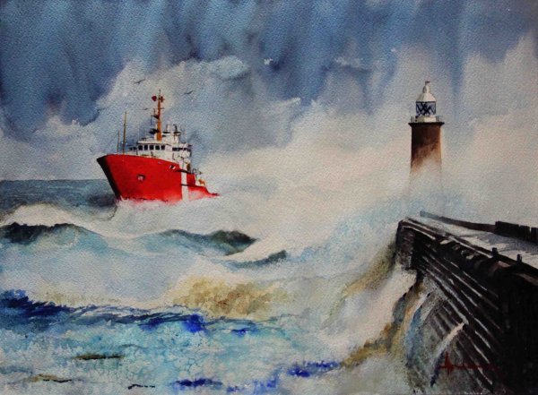 Маяк шторм акварель