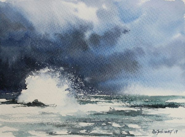 Бушующее море акварелью