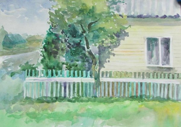 Этюд дома с деревьями и частью забора