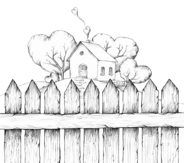 Срисуй домик с забором