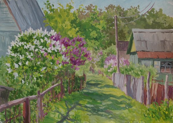 Деревенский пейзаж гуашью